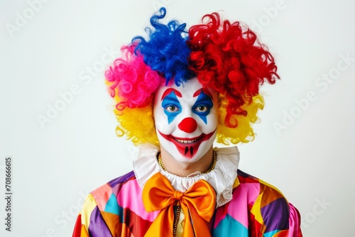 Colourful Clown with Red Nose and Wacky Wig.
Joyful clown with a vibrant red nose and multicoloured wig smiling against a white background.  photo
