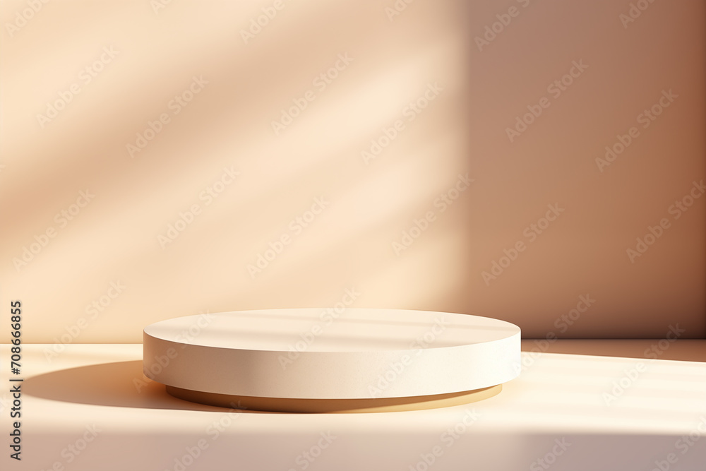 A minimalist white round podium under warm ambient lighting, creating a soft and inviting atmosphere against a creamy background, ideal for highlighting elegant product displays A minimalist white round podium under warm ambient lighting, creating a soft and inviting atmosphere against a creamy background, ideal for highlighting elegant product displays