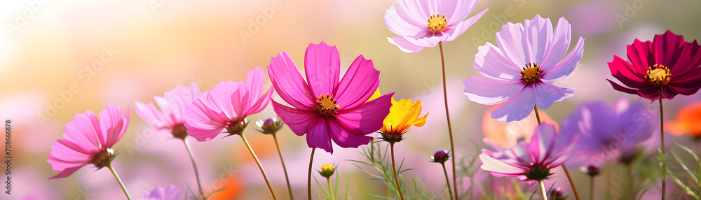 Beautiful colorful cosmos flowers over summer blurred nature background Beautiful colorful cosmos flowers over summer blurred nature background