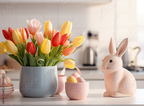 Beautiful Easter background, postcard. Easter eggs, bunny, vase with tulips on the background of Scandinavian cuisine. © syhin_stas