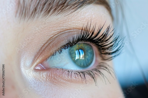 A close-up shot of a person's eye with beautifully long eyelashes. This image is perfect for beauty and cosmetic-related projects