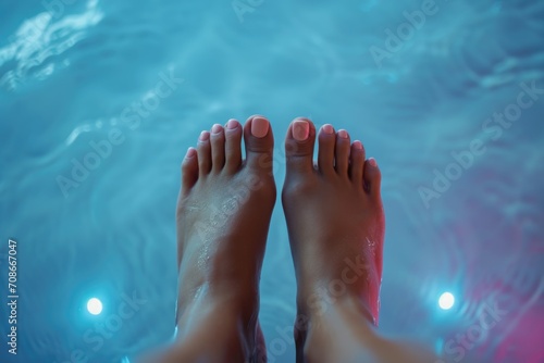 A picture showing a person's feet immersed in a pool of water. Can be used to depict relaxation, summer vibes, or a refreshing swim