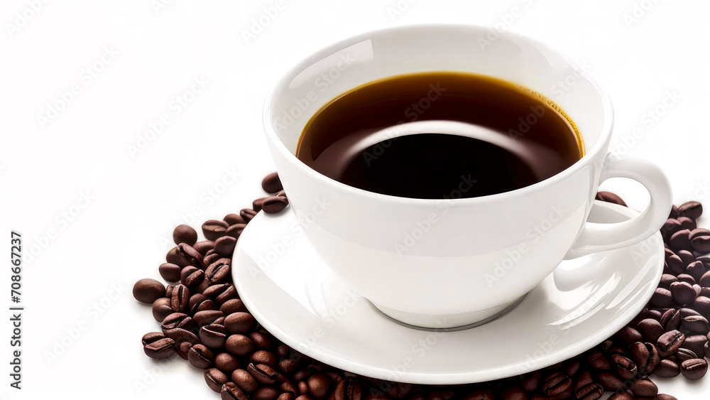 Cup of Coffee isolated on white background, with Copy Space. Hot coffee drink with coffee beans Cup of Coffee isolated on white background, with Copy Space. Hot coffee drink with coffee beans