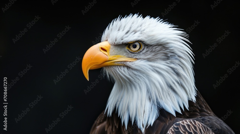 Close up view of a majestic bald eagle against a black background. Perfect for wildlife enthusiasts and nature lovers Close up view of a majestic bald eagle against a black background. Perfect for wildlife enthusiasts and nature lovers