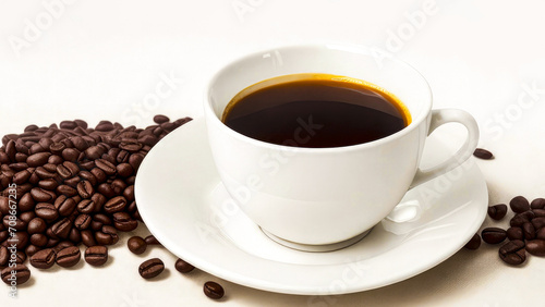 Cup of Coffee isolated on white background, with Copy Space. Hot coffee drink with coffee beans
