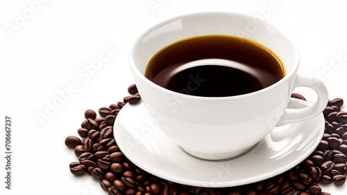 Cup of Coffee isolated on white background  with Copy Space. Hot coffee drink with coffee beans