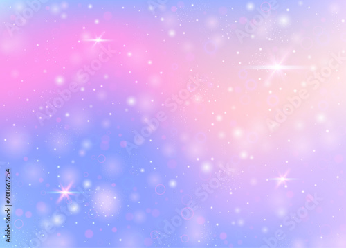 Fairy background with rainbow mesh.  Kawaii universe banner in princess colors. Fantasy gradient backdrop with hologram. Holographic fairy background with magic sparkles, stars and blurs.