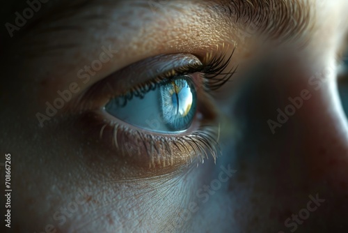 A close-up view of a person's blue eye. This image captures the intricate details and vibrant color of the eye. Perfect for medical, beauty, or fashion-related projects