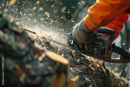 A person using a chainsaw to cut down a tree. Suitable for outdoor activities or forestry-related projects photo