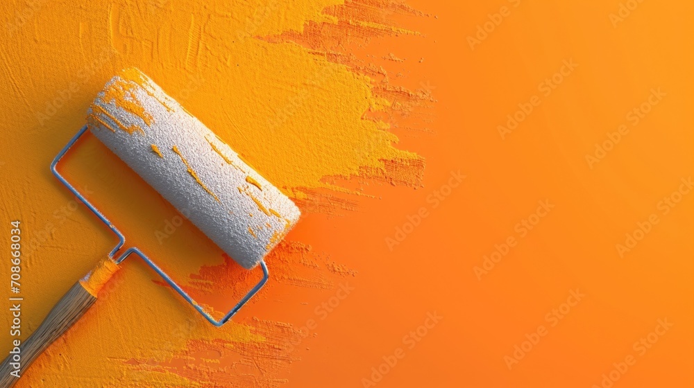 Obraz premium A paint roller is shown on an orange painted wall. This image can be used to depict home improvement, painting projects, or interior design themes