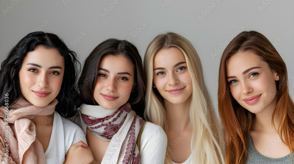 Close-up portrait of young women of different nationalities, diversity by race, age, ability, faith. InspireInclusion. Copy space Close-up portrait of young women of different nationalities, diversity by race, age, ability, faith. InspireInclusion. Copy space