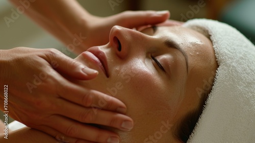 A woman is getting a relaxing facial massage at a spa. This image can be used to promote spa services and wellness treatments