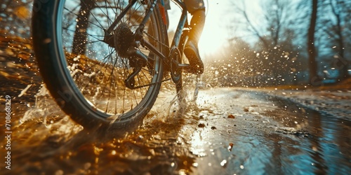 A person riding a bike through a puddle of water. Suitable for outdoor sports and adventure themes
