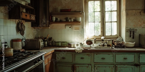 A kitchen with a stove top oven and a window. This picture can be used to depict a cozy home environment or for illustrating cooking and baking concepts