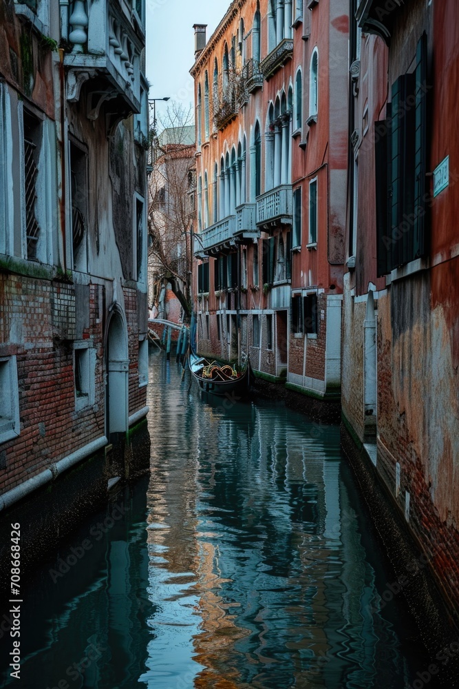 A picture of a narrow canal with a boat in the middle. Suitable for travel and transportation themes