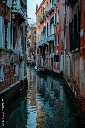 A picture of a narrow canal with a boat in the middle. Suitable for travel and transportation themes © Fotograf