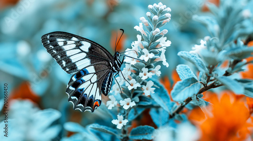 black and white butterfly with blue accents is perched on a flower. The background has a teal and orange bokeh effect © weerasak