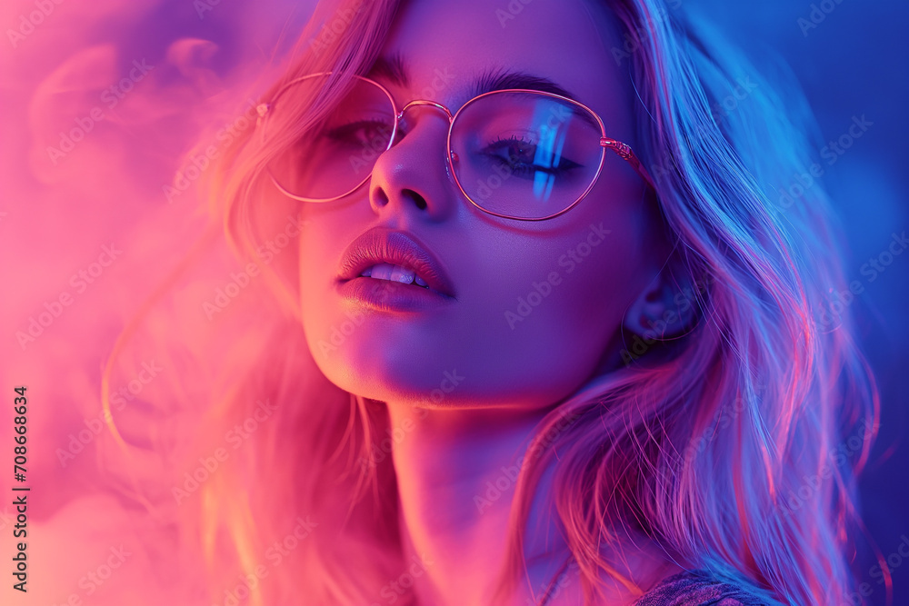 Obraz premium Portrait of a Stylish Young Girl Model with Blond Hair, Wearing Glasses, Captured in Smoke and Illuminated by Neon Lighting Neon Glamour