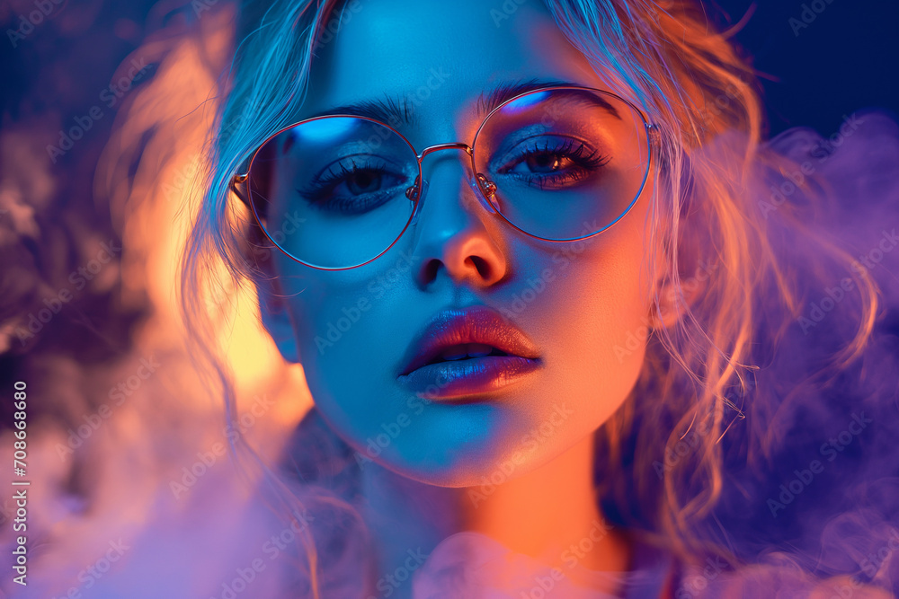 Obraz premium Portrait of a Stylish Young Girl Model with Blond Hair, Wearing Glasses, Captured in Smoke and Illuminated by Neon Lighting Neon Glamour