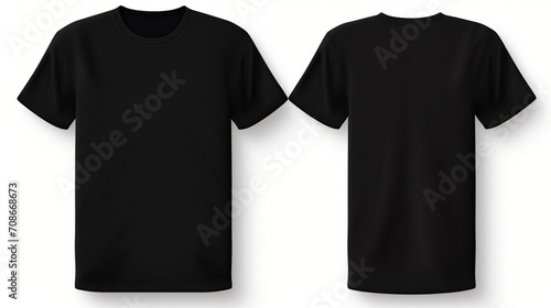 Set of black tee t shirt round neck front. back and side view on transparent background .