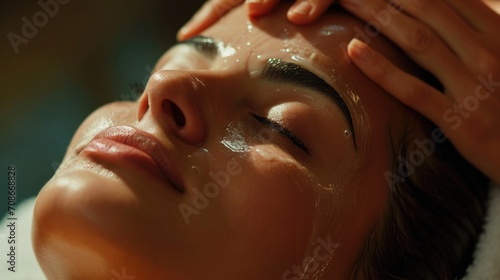 A woman receiving a refreshing facial scrub at a spa. Perfect for promoting self-care and wellness.