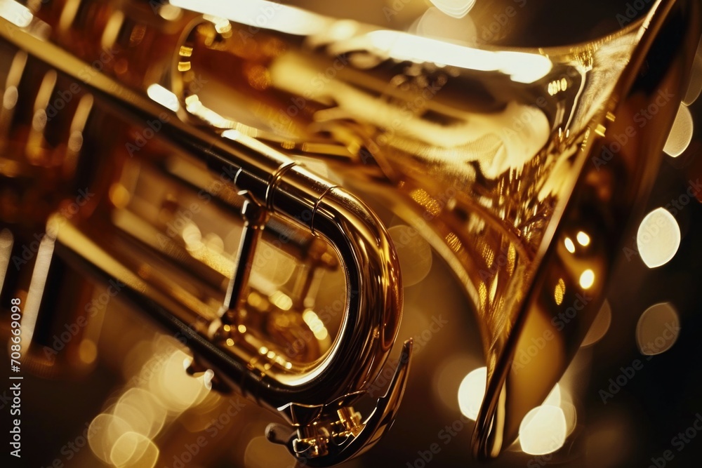 A detailed view of a brass instrument with vibrant lights in the background. This image can be used to depict the energy and excitement of live music performances or jazz concerts - obrazy, fototapety, plakaty 
