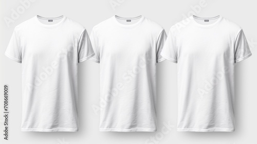 Set of white tee t shirt round neck front. back and side view on transparent background cutout. PNG file. Mockup template for artwork graphic design. photo