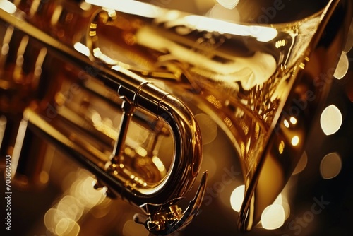 A detailed view of a brass instrument with vibrant lights in the background. This image can be used to depict the energy and excitement of live music performances or jazz concerts photo