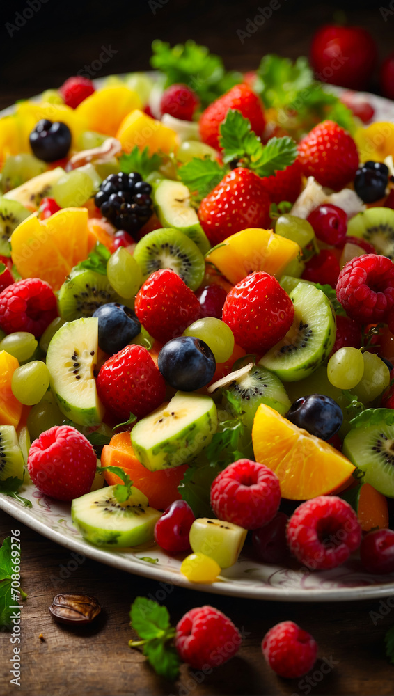 Fruit and berry summer salad. Salad with strawberries, raspberries and kiwi. Mix of fresh fruits and berries. Vertical Fruit and berry summer salad. Salad with strawberries, raspberries and kiwi. Mix of fresh fruits and berries. Vertical