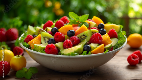 Fruit and berry summer salad. Salad with strawberries, raspberries and kiwi. Mix of fresh fruits and berries