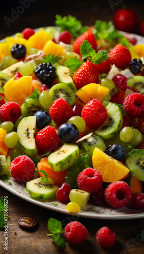 Fruit and berry summer salad. Salad with strawberries, raspberries and kiwi. Mix of fresh fruits and berries. Vertical