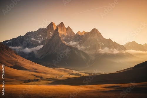 A majestic mountain range, bathed in the warm hues of a setting sun Generative Ai