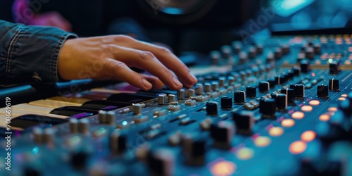 A close-up view of a person's hand resting on a sound board. Ideal for illustrating audio production, music mixing, or live sound engineering.