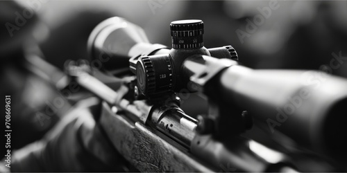 A detailed close-up of a rifle with a scope attached. This image can be used to depict firearms, hunting, military themes, or for illustrating precision and accuracy
