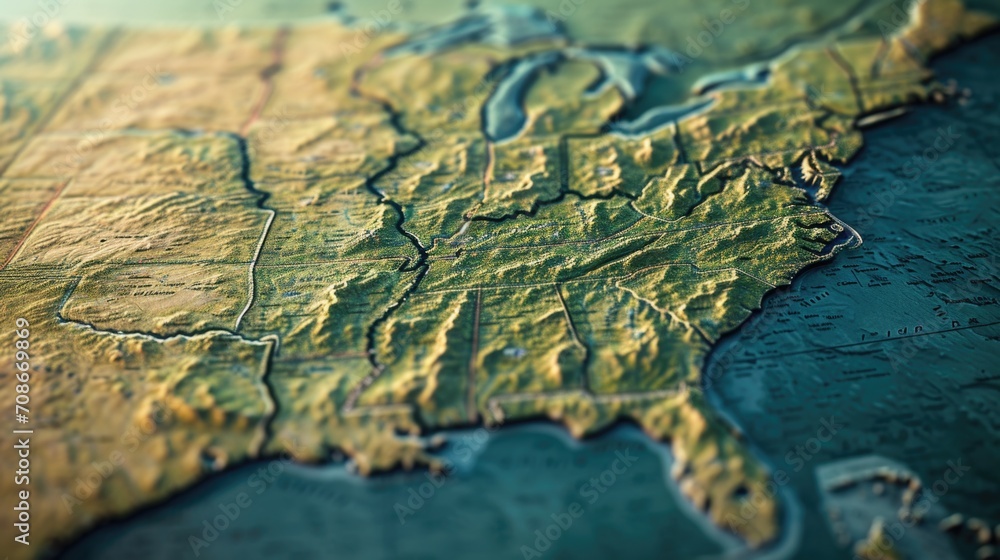 A detailed close-up view of a map displaying the United States. This image can be used for educational purposes or to illustrate geographic locations A detailed close-up view of a map displaying the United States. This image can be used for educational purposes or to illustrate geographic locations