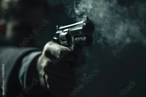 A man holding a gun with smoke coming out of it. Perfect for crime, action, or thriller-related projects