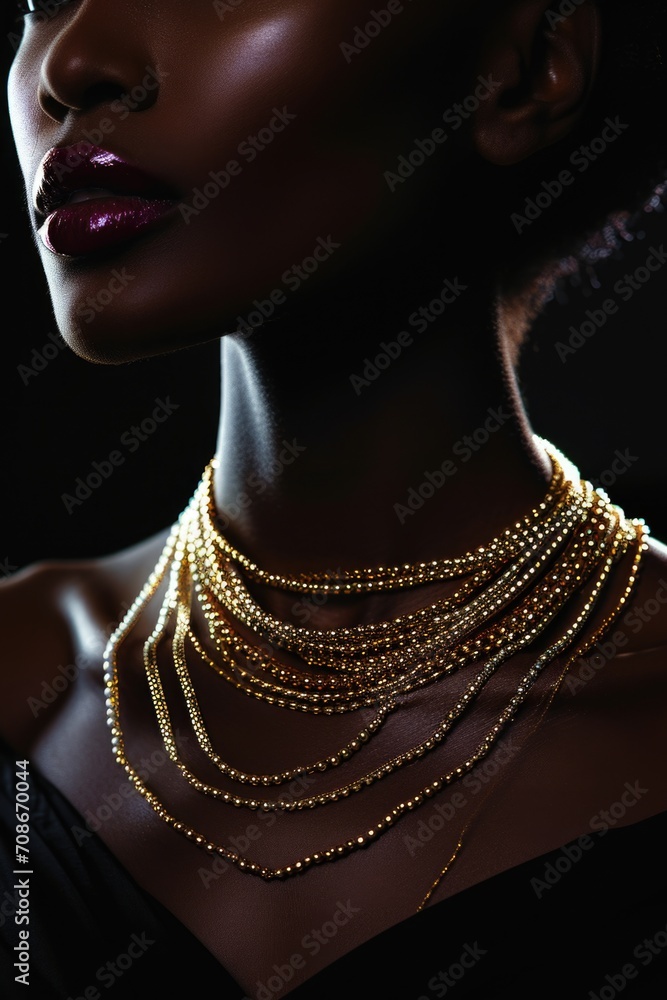 A close up of a woman wearing a necklace. This image can be used for various purposes
