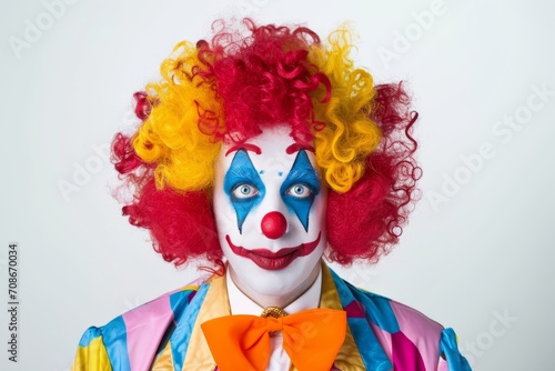 Smiling Clown with Blue Eyes Makeup. Upbeat clown sporting blue eye makeup and a curly multicoloured wig.