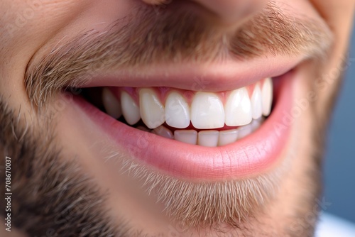 Closeup of mans smile with white teeth. Dental care, teeth whitening procedure at dentist