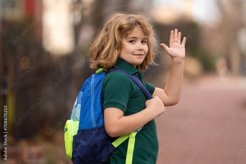 Naklejka premium Pupil getting on the school bus. American School. Back to school. Kid of primary school. Happy children ready to study.