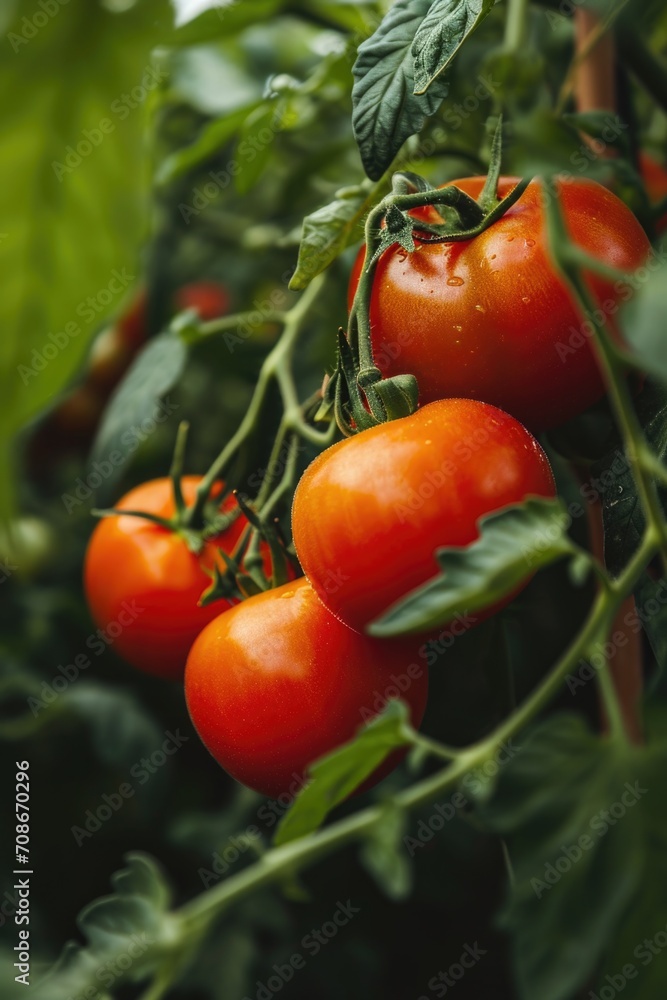 Fresh and vibrant tomatoes growing on a vine. Perfect for use in recipes, food blogs, or gardening articles