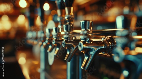 A row of beer taps on a bar counter. Perfect for illustrating a pub or brewery setting