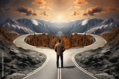 Man Contemplating Choices, Hoping for the Best, and Taking a Chance at the Intersection of Two Roads Crossroads of Decision