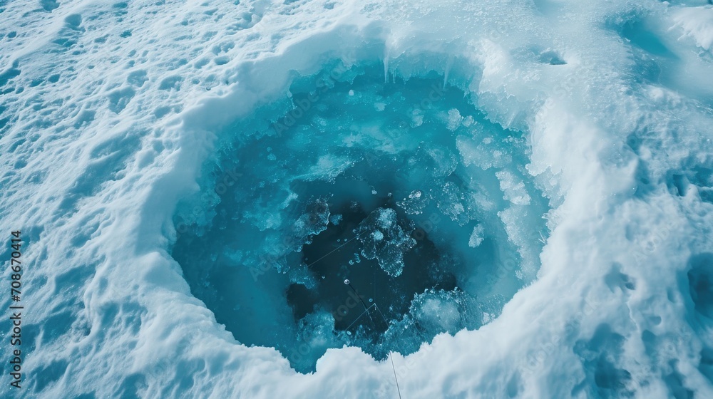 A hole in the snow filled with water. Suitable for winter landscapes and nature-themed projects