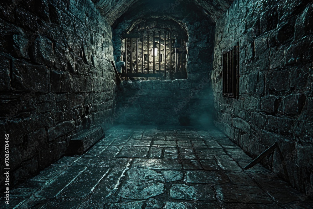 Obraz premium A dimly lit room with a barred window. This image can be used to portray confinement, isolation, or imprisonment