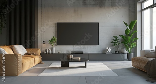 Modern Luxury Living Room with Realistic 3D Render Flat Screen Smart TV and Elegant Beige Leather Couch Sofa © AIGen