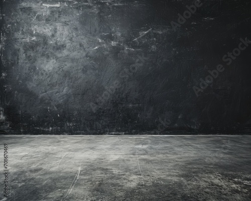 Grungy Concrete: Textured Grey Floor and Dark Blackboard Wall. Empty Room with Close-up Space for Design and Communication