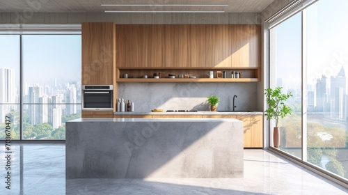 Scandinavian-Inspired Modern Kitchen Interior with City View and Empty Mockup Wall, 3D Rendering photo