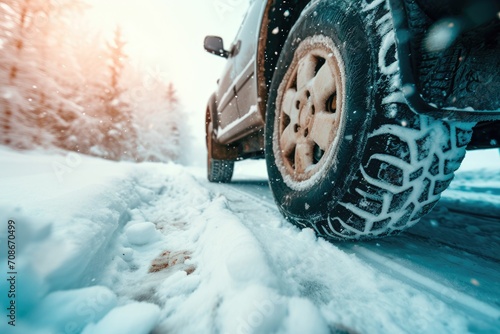 A car is pictured driving on a snowy road. Suitable for winter driving, road trips, and transportation themes