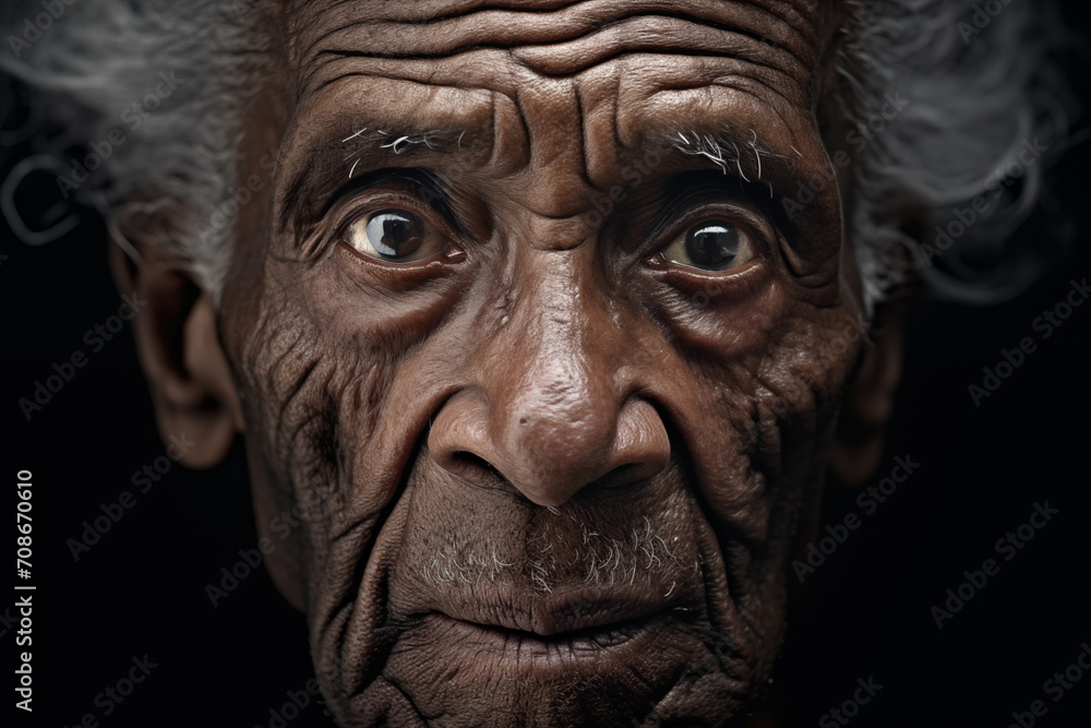 Portrait of an Elderly Black Person with Eyes Revealing Generations of Strength and Wrinkled Wisdom - A Tribute to Black History Month Reflecting Strength
